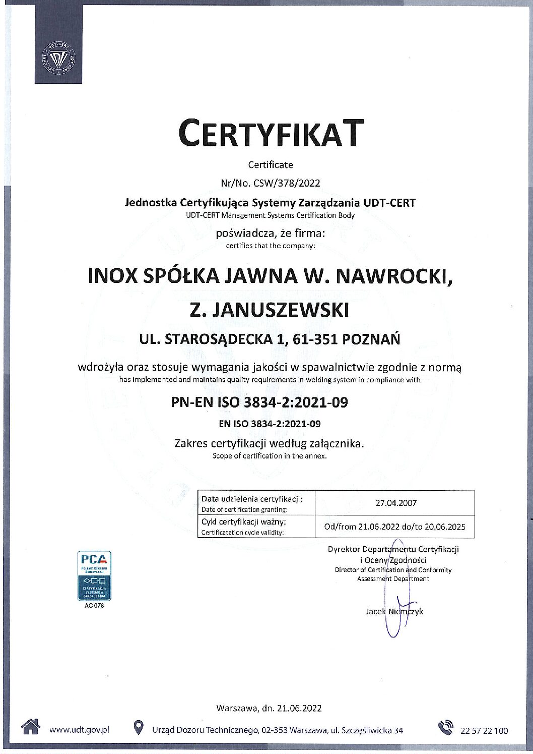 certyfikat jakości w spawalnictwie 3834-2:2007