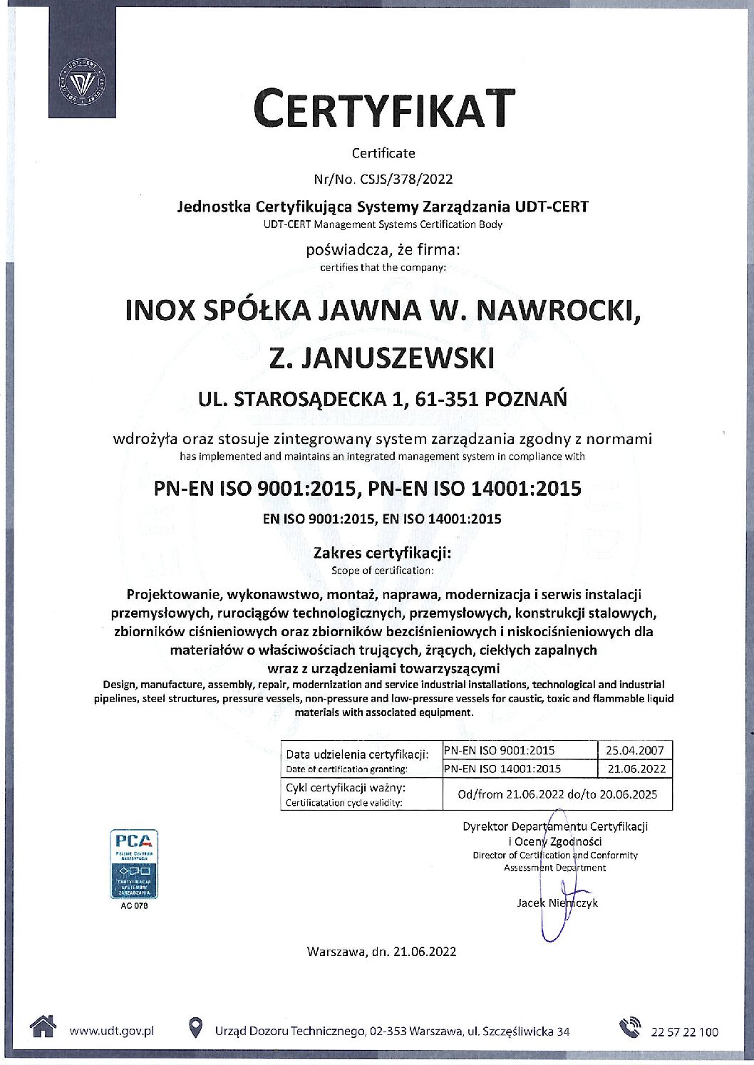 certyfikat zarządzania jakością 9001:2015